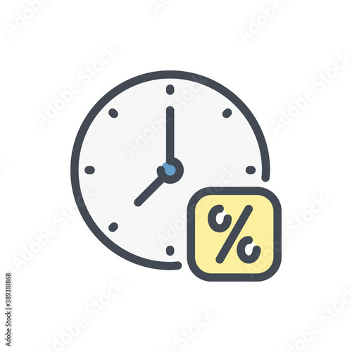Clock with percentage color line icon. Time to pay taxes vector outline colorful sign.