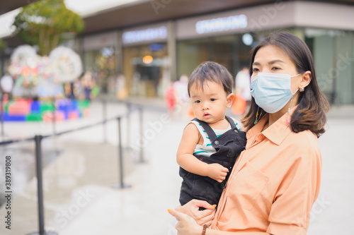 Asian women in protective sterile medical mask with her son,Air pollution, virus, coronavirus concept