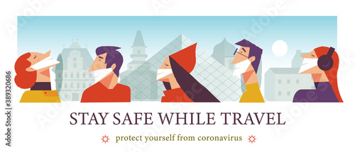 Stay safe while traveling. Vector poster encouraging people to wear masks.