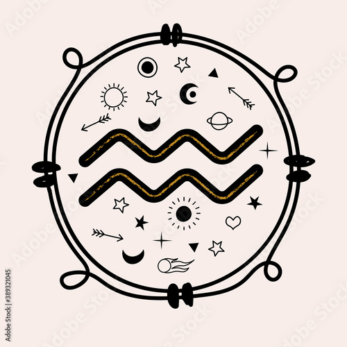 Horoscope and astrology. The zodiac sign Aquarius. Black and gold. Vector illustration in a flat style.