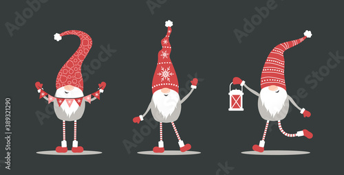 Cute gnomes in red santa hats on black background. Scandinavian christmas elves. Vector illustration in cartoon style. Nordic element design for greeting cards, season greetings, web, wrapper.