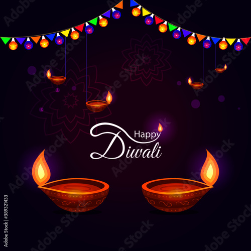 Indian Festival Diwali or Deepawali Greeting Card Background with decorative elements and diya. Happy Diwali 2020 photo