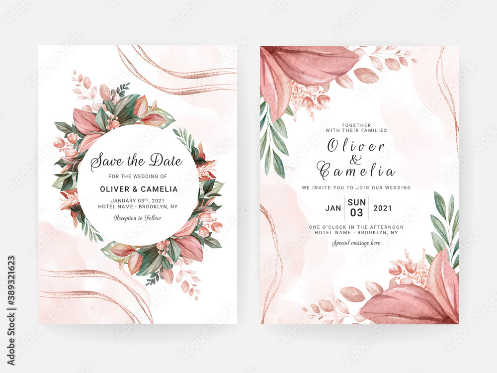 Floral wedding invitation template set with brown and peach roses flowers and leaves decoration. Botanic card design concept