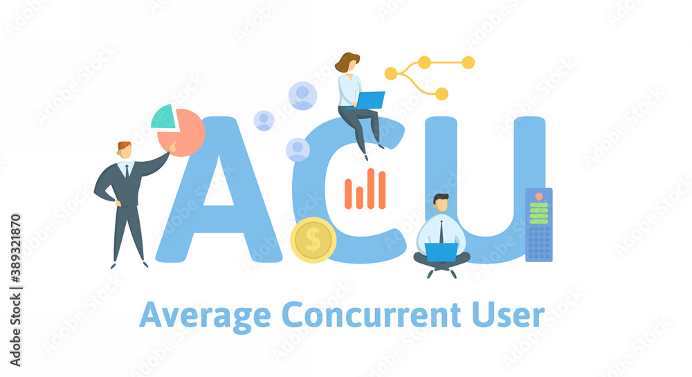 ACU, Average Concurrent User. Concept with keywords, people and icons. Flat vector illustration. Isolated on white background.