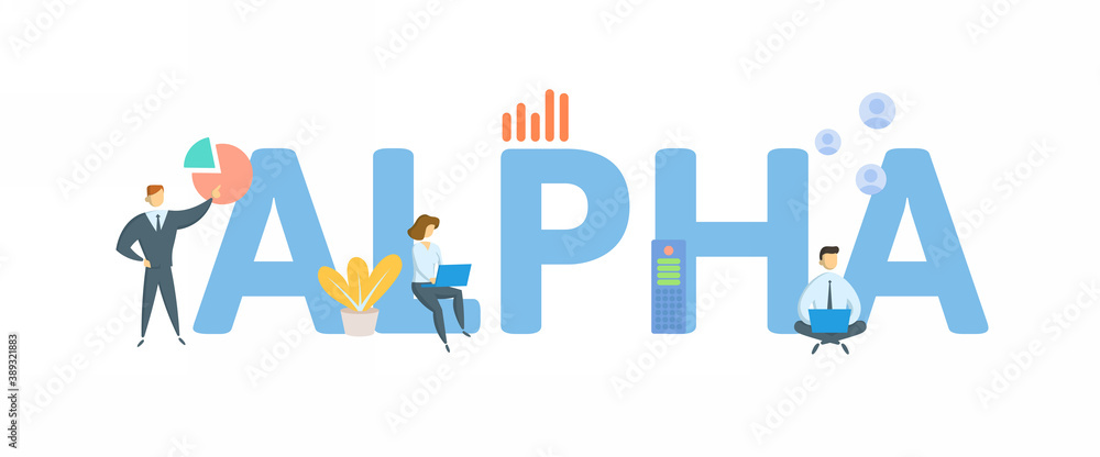 Alpha. Concept with keyword, people and icons. Flat vector illustration. Isolated on white background. Alpha. Concept with keyword, people and icons. Flat vector illustration. Isolated on white background.