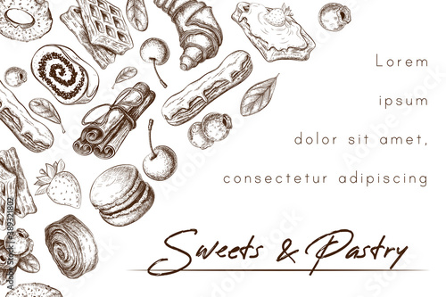 engraved bakery or pastry banner, background, frame, card template isolated on white. vector sketch illustration of sweet desserts, pastries and berries. vintage style. for bakery, baking shop design.