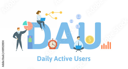 DAU, Daily Active Users. Concept with keywords, people and icons. Flat vector illustration. Isolated on white background.
