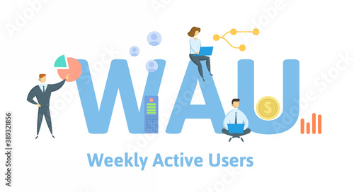 WAU, Weekly Active Users. Concept with keywords, people and icons. Flat vector illustration. Isolated on white background.