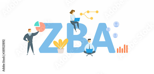 ZBA, Zero Balance Account. Concept with keywords, people and icons. Flat vector illustration. Isolated on white background.