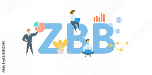 ZBB, Zero Based Budgeting. Concept with keyword, people and icons. Flat vector illustration. Isolated on white background.
