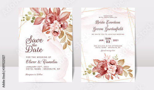 Floral wedding invitation template set with brown and peach roses flowers and leaves decoration. Botanic card design concept