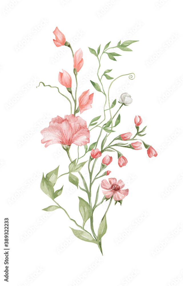 Watercolor bouquet with gently summer meadow flowers, branches and leaves, isolated on white. Aesthetic modern composition in boho style, floral arrangements, wedding  delicate flowers