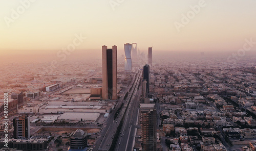 Skyline of Riyadh  SAUDI ARABIA along King Fahd Road highway in the morning
