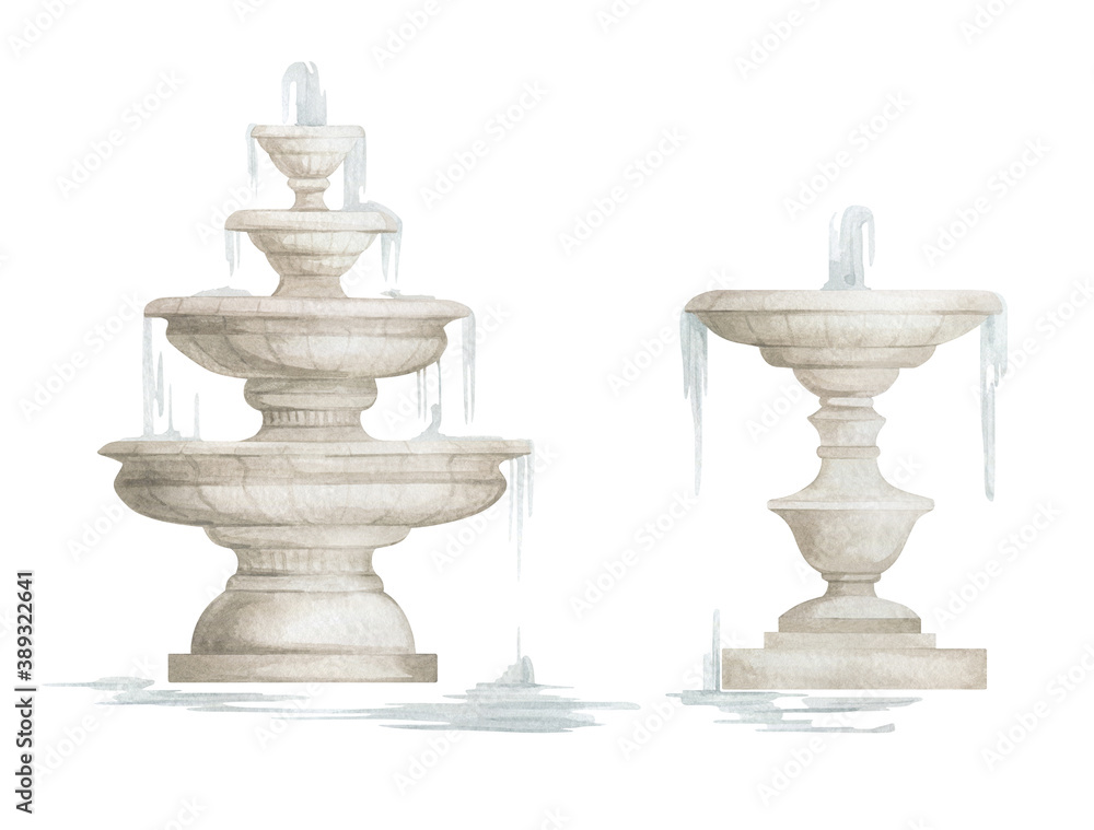 Watercolor antique fountain, architecture garden element, ancient sculpture. Baroque fountain in the park.  - obrazy, fototapety, plakaty 