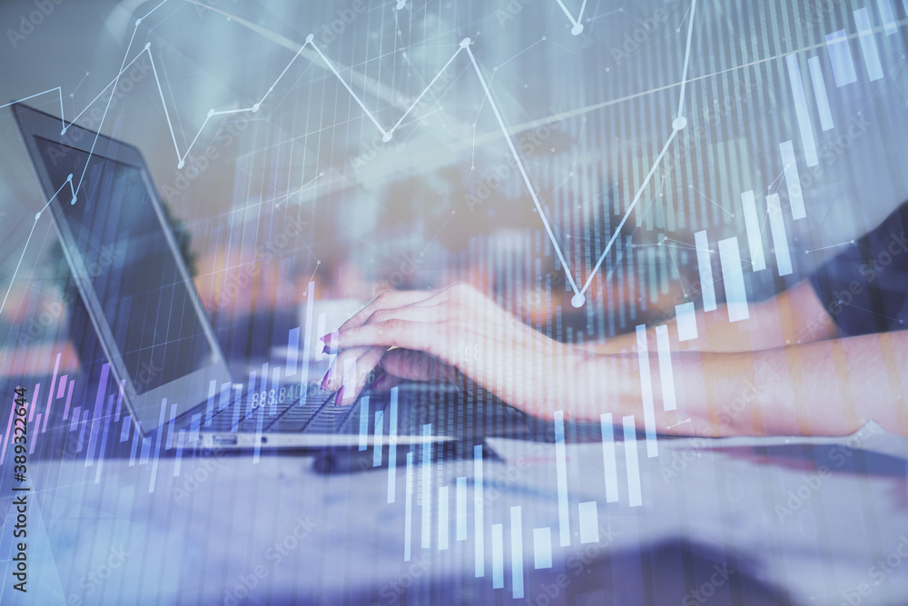 Double exposure of businesswoman hands typing on computer and forex chart hologram drawing. Financial analysis concept. Double exposure of businesswoman hands typing on computer and forex chart hologram drawing. Financial analysis concept.