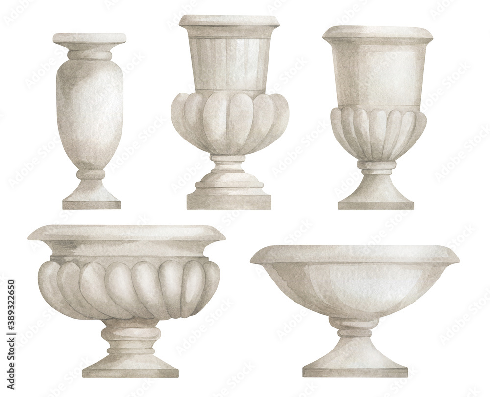 Watercolor antique gypsum vase, architecture garden element, ancient sculpture, pot. Baroque elements in the park. Watercolor antique gypsum vase, architecture garden element, ancient sculpture, pot. Baroque elements in the park.