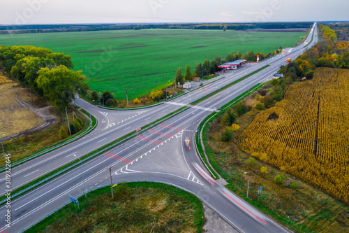 Aerial view of the highway in the countryside at sunset