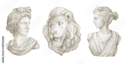 Watercolor sculptures of gods, plaster architectural elements, head of Apollo, Diana, lion. Garden gypsum decoration busts, outdoor sculpture