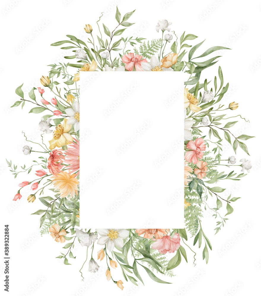 Watercolor floral frame. Bright summer flowers, meadow field, spring peach and yellow flower and leaves. Frame for wedding invitation, card, logo, greeting, promo. Delicate, romantic, feminine art