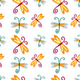 Doodle dragonfly seamless pattern isolated on white. Vector stock illustration. EPS 10