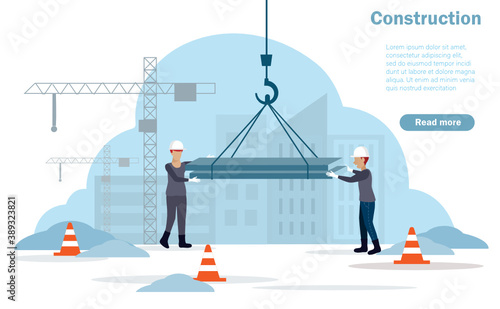 Foreman worker team moving steel plate by heavy crane at  construction site. Industrial safety and construction technology solution concept