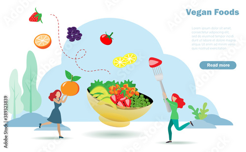 Happy women enjoy eating vegan foods, organic fruits vegetables and peas. Idea for balancing proper nutrition foods in appropriate porportion. Nutrition and diet, vegan foods concept.