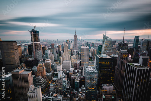New York City skyline on a gloomy cloudy rainy day with clouds