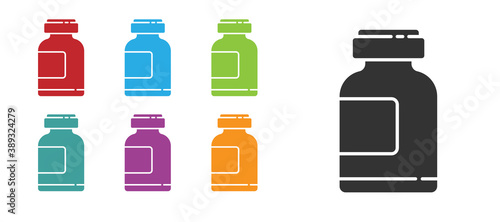 Black Sports nutrition bodybuilding proteine power drink and food icon isolated on white background. Set icons colorful. Vector Illustration.