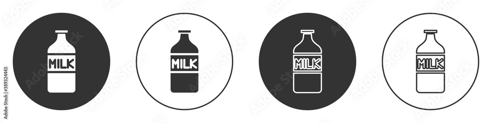 Black Closed glass bottle with milk icon isolated on white background. Circle button. Vector Illustration. Black Closed glass bottle with milk icon isolated on white background. Circle button. Vector Illustration.