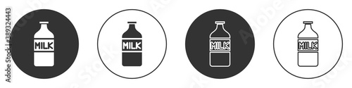 Black Closed glass bottle with milk icon isolated on white background. Circle button. Vector Illustration.