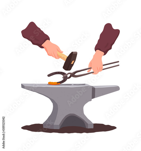 Blacksmith. Anvil. Hands holding tongs and a hammer. A red-hot horseshoe. Vector illustration in flat style.