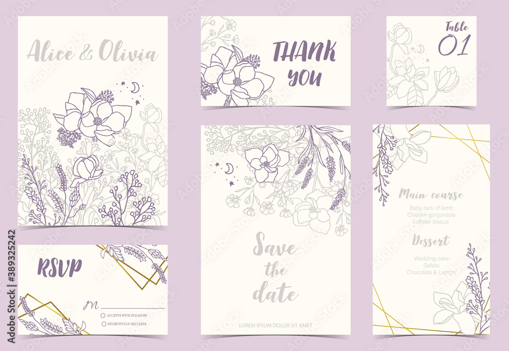 Flower wedding invitation with magnolia, lavender and leaves.Vector birthday invitation for kid and baby.Editable element