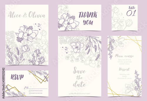 Flower wedding invitation with magnolia  lavender and leaves.Vector birthday invitation for kid and baby.Editable element