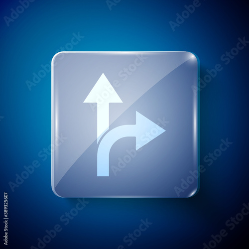 White Road traffic sign. Signpost icon isolated on blue background. Pointer symbol. Isolated street information sign. Direction sign. Square glass panels. Vector Illustration.