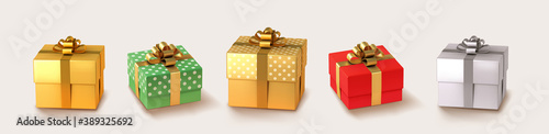 Set of gifts box. Collection realistic vector gift presents. Christmas golden and silver gifts. photo