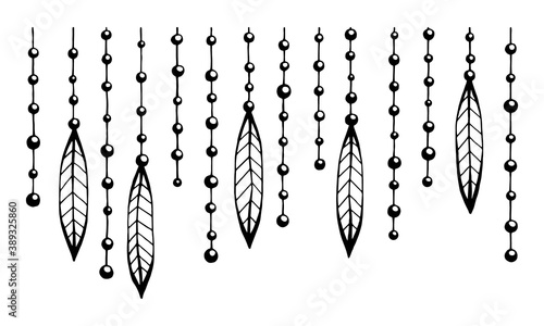 Black beads with decorations on a thread can be used as a fabric design, home textiles, wallpaper and other design.