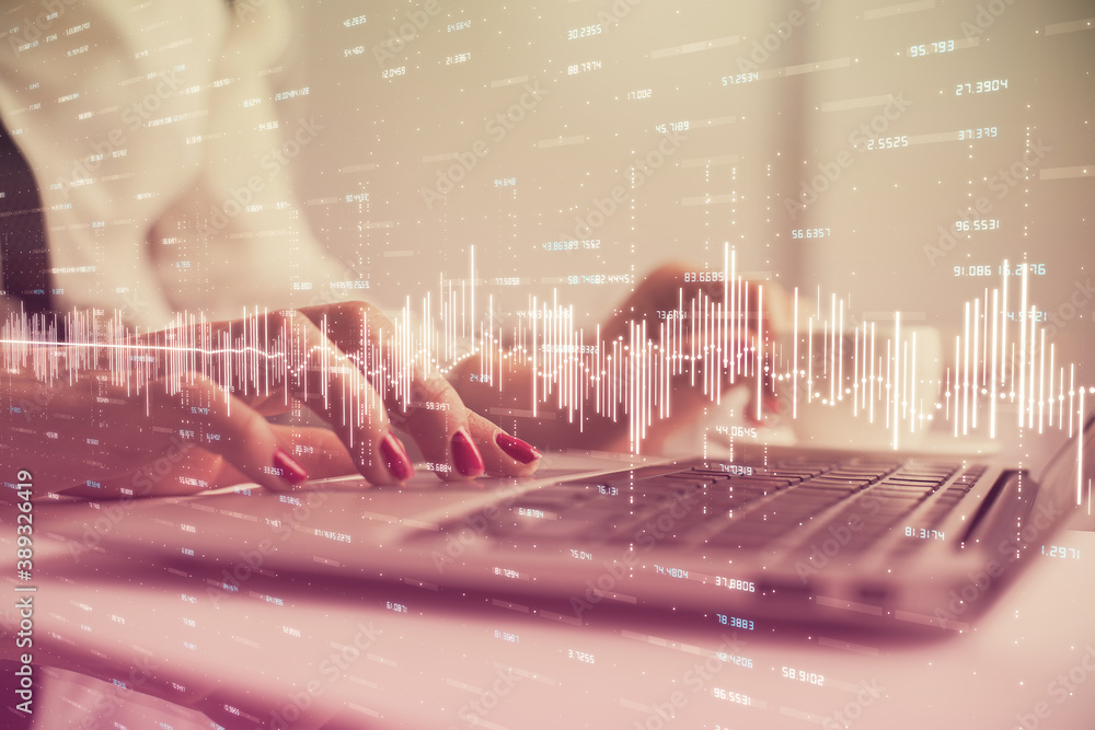Multi exposure of woman hands typing on computer and financial graph hologram drawing. Stock market analysis concept. Multi exposure of woman hands typing on computer and financial graph hologram drawing. Stock market analysis concept.