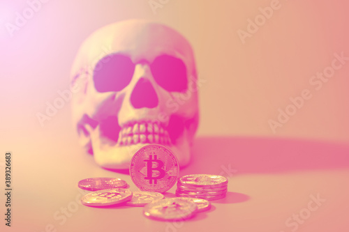 Bitcoin and skull mock up for business financial concept