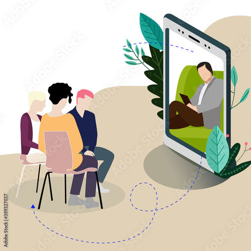 Online psychologist talks to group of patients