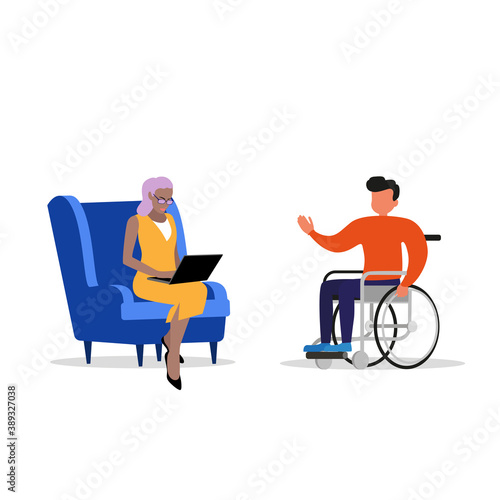 Psychological assistance for disabled people. Psychologist and patient in a wheelchair