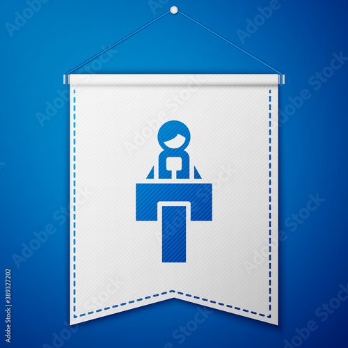 Blue Stage stand or debate podium rostrum icon isolated on blue background. Conference speech tribune. White pennant template. Vector.