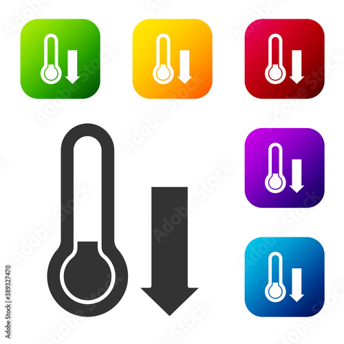 Black Meteorology thermometer measuring icon isolated on white background. Thermometer equipment showing hot or cold weather. Set icons in color square buttons. Vector.