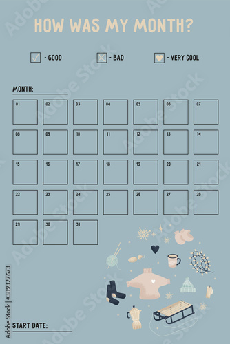 Winter vector flat mood tracker for the month with set of elements for winter decor. Sweater, socks, garland, hat, mittens, sled, candle, coffee pot, mug and snowflakes. Beautiful mood tracker.