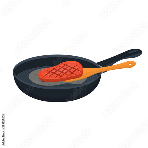 Roasted meat. Steak on a frying pan, vector illustration