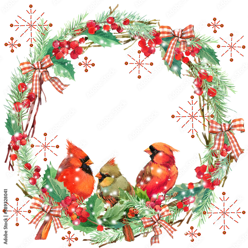 Naklejka premium Christmas wreath watercolor illustrations. Happy New Year background. Winter woodland. 