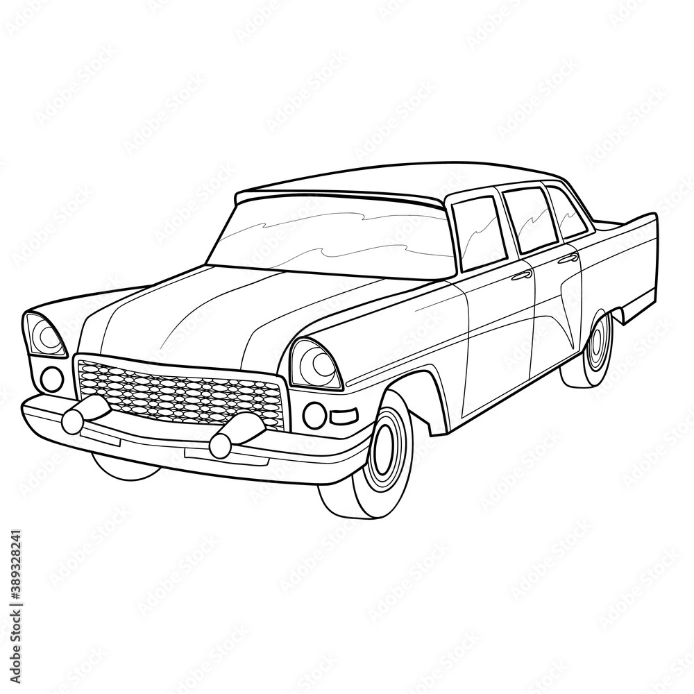 sketch of an old-fashioned car, coloring book, cartoon illustration, isolated object on white background, vector,