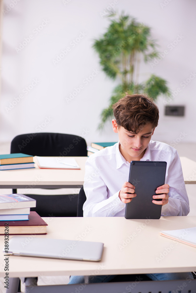 Schoolboy in tele-education concept in the classroom Schoolboy in tele-education concept in the classroom