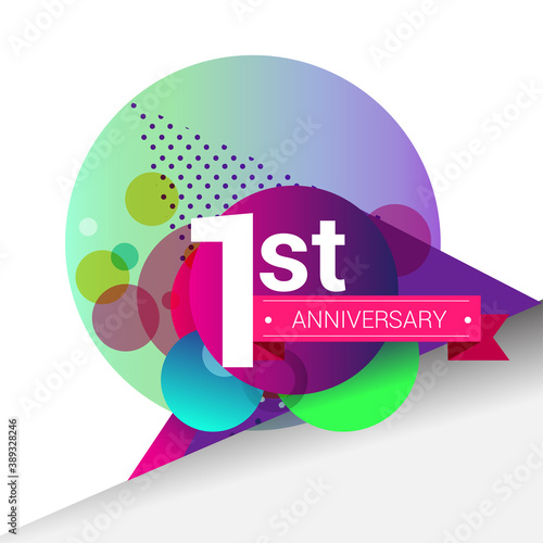 1st Anniversary logo with colorful geometric background, vector design template elements for your birthday celebration.