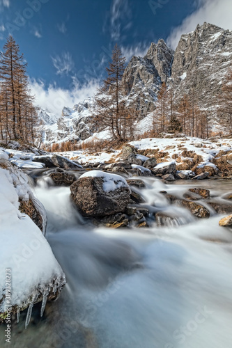 Rushing river in the Alps mountains