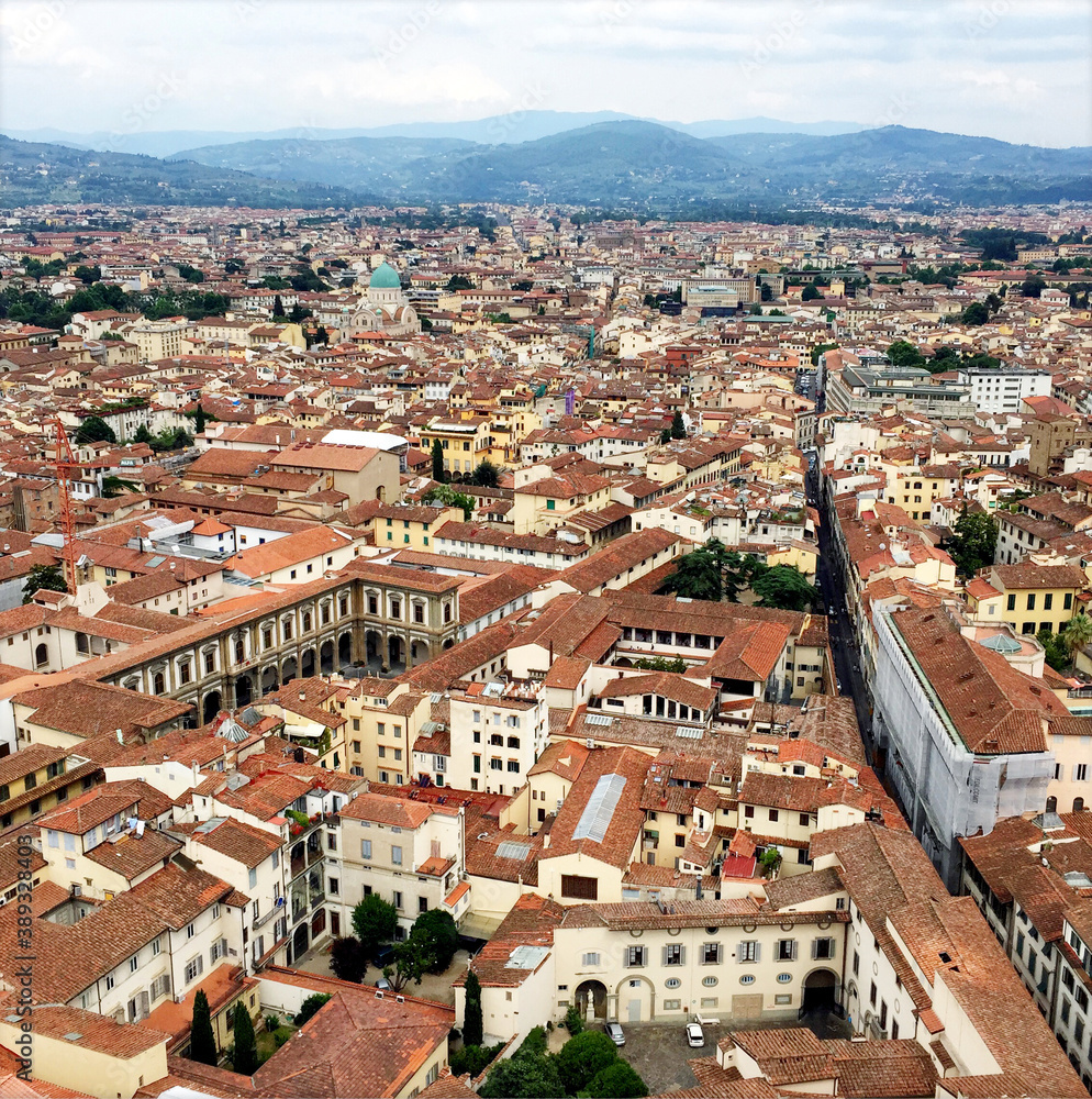 View across the narrow streets and terracotta rooftops of the centre of Florence